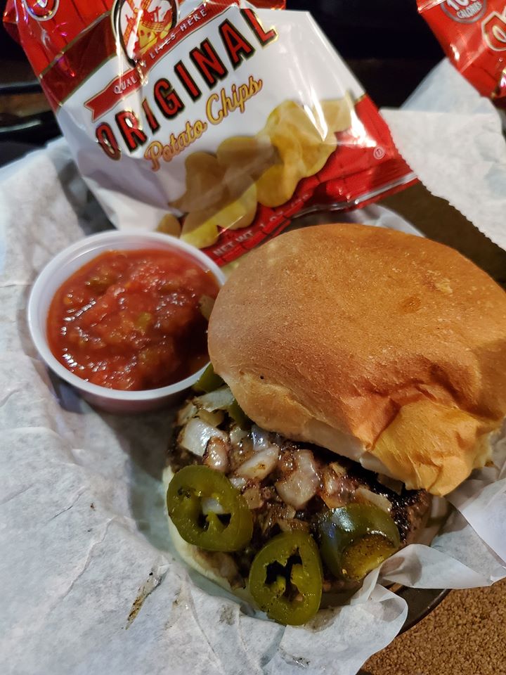 Hamburger with onions, mushrooms and jalapeno peppers at Slim's Bar & Grill 